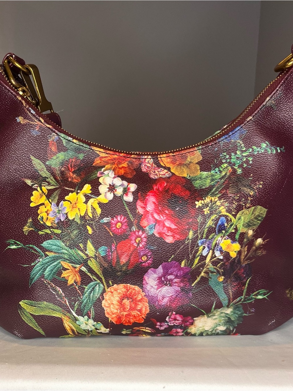 Elliott Lucca Burgundy Floral Leather Shoulder Bag